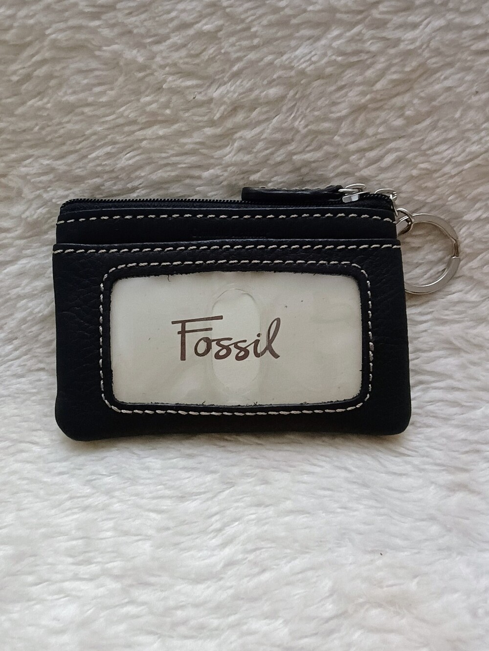 Vintage Fossil Black Pebbled Leather ID Keychain Wallet Mini Coin Pouch Y2K